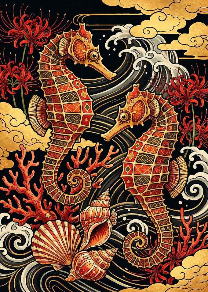 Ornate Seahorses with Japanese Floral Motifs