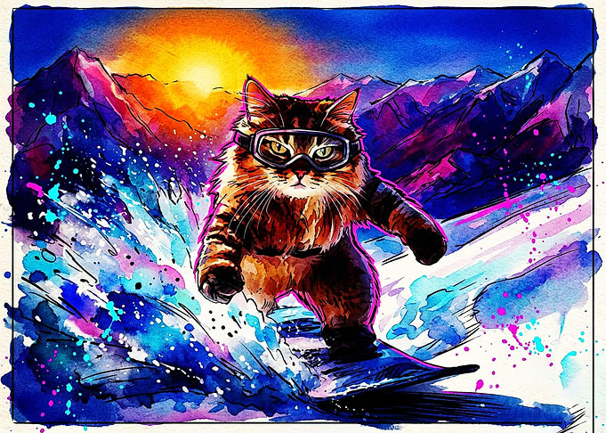 Watercolor Cat Snowboarding in Mountains