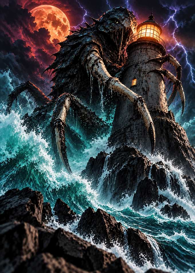 Eldritch Monster Attacking a Lighthouse