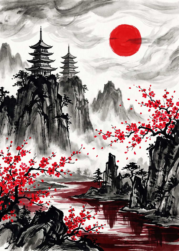 Traditional Japanese Pagoda Landscape Painting