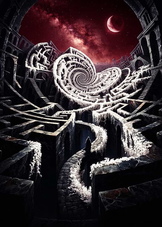 Surreal Spiral Labyrinth Under Red Sky