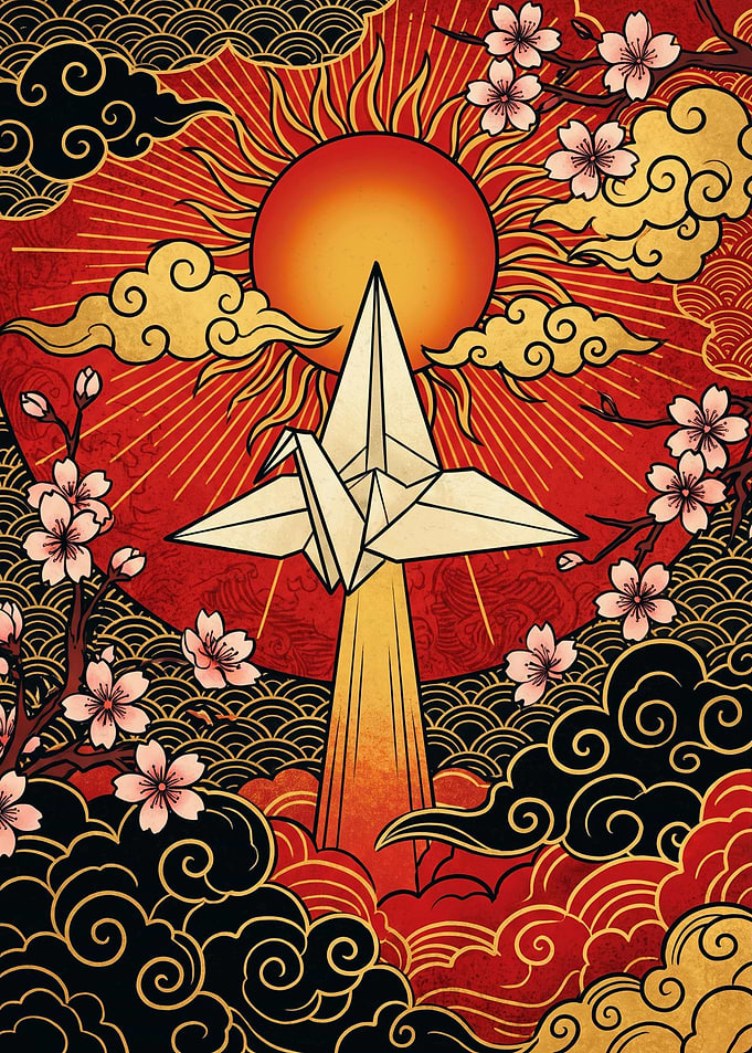 Japanese Origami Crane Sun Poster