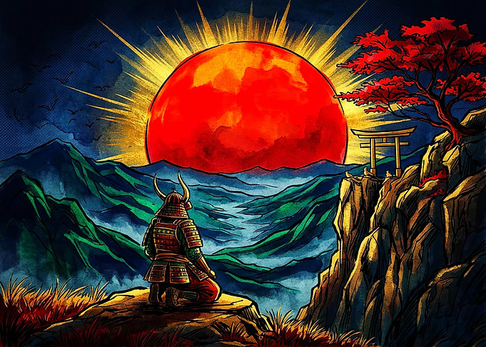 Samurai Kneeling Before Red Sun
