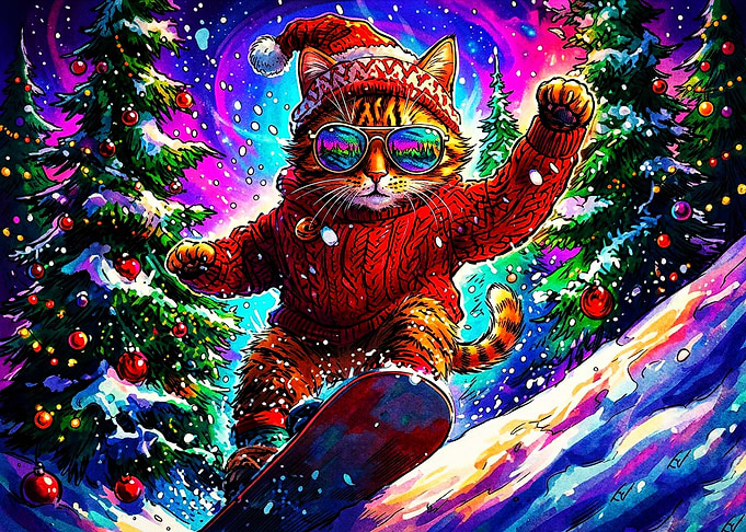 Cool Cat Snowboarding at Christmas