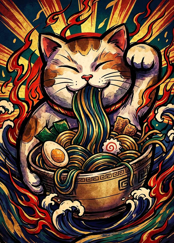 Lucky Cat Eating Ramen Illustration