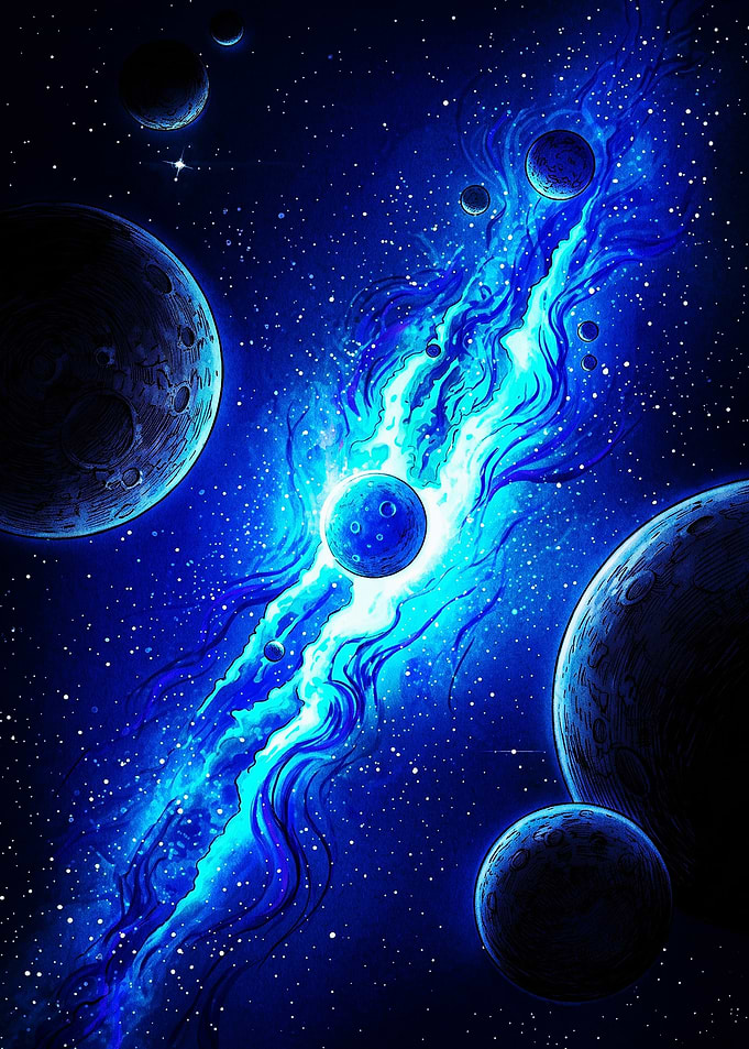 Vibrant Blue Cosmic Nebula and Planets