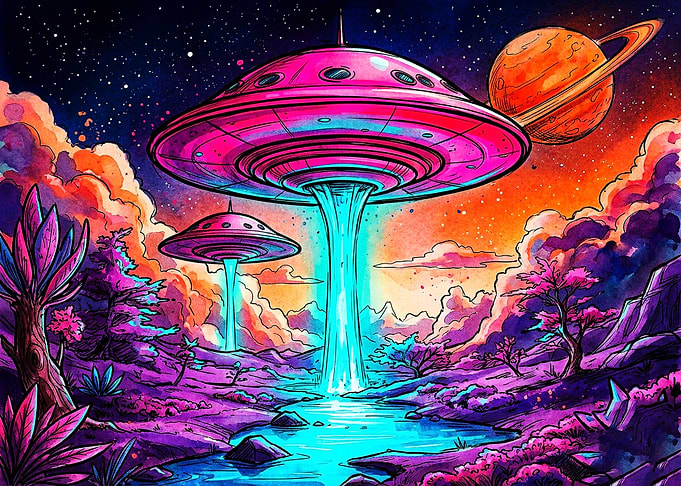 Neon Alien Landscape with UFOs