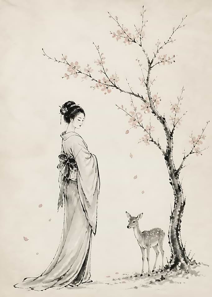 Geisha and Deer Under Cherry Tree