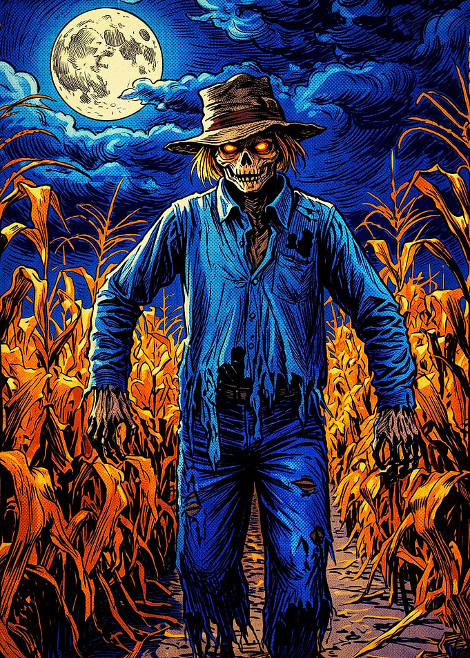 Scary Scarecrow in Cornfield at Night