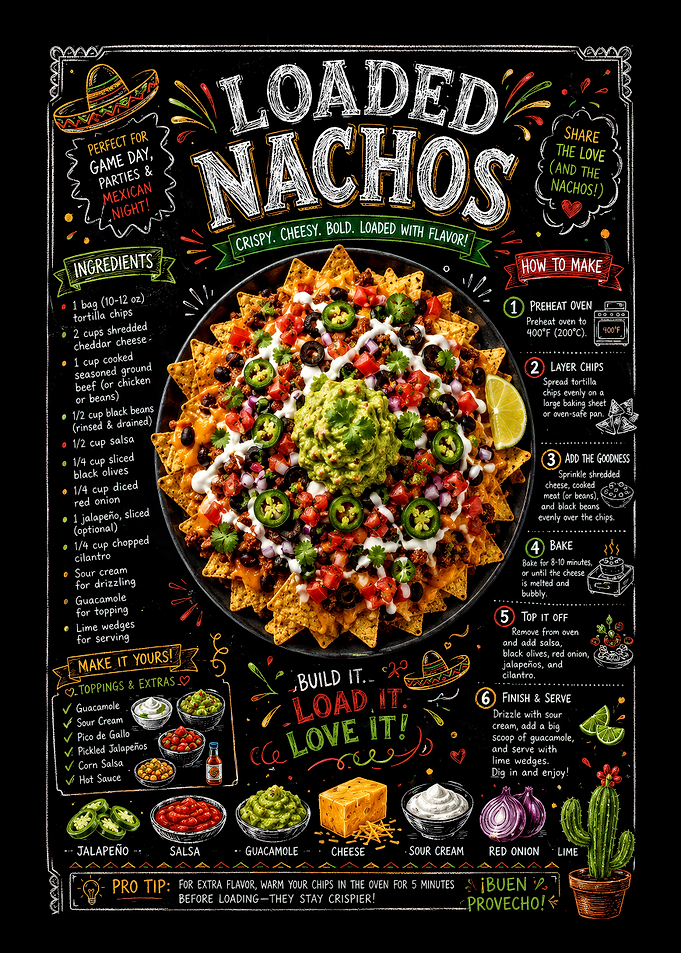 Loaded Nachos Recipe Chalkboard Poster