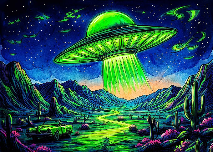 Neon UFO Over Desert Landscape