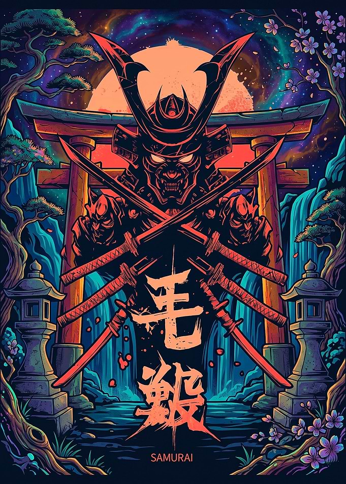 Neon Samurai Warrior Torii Gate Art
