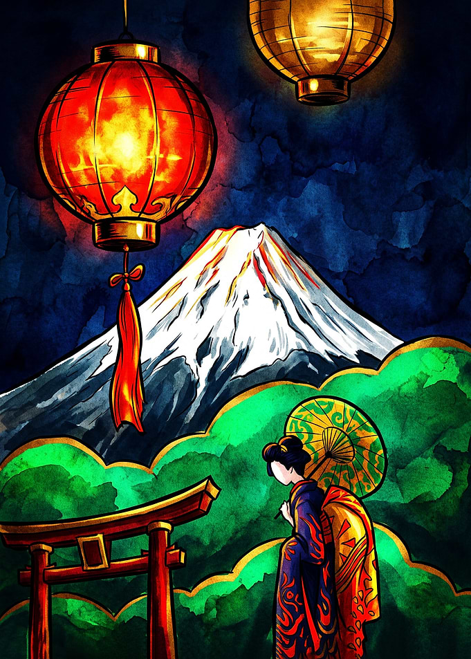 Geisha and Mount Fuji Lantern Scene