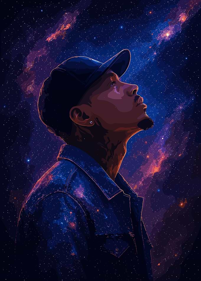 Man Looking Up at Cosmic Galaxy