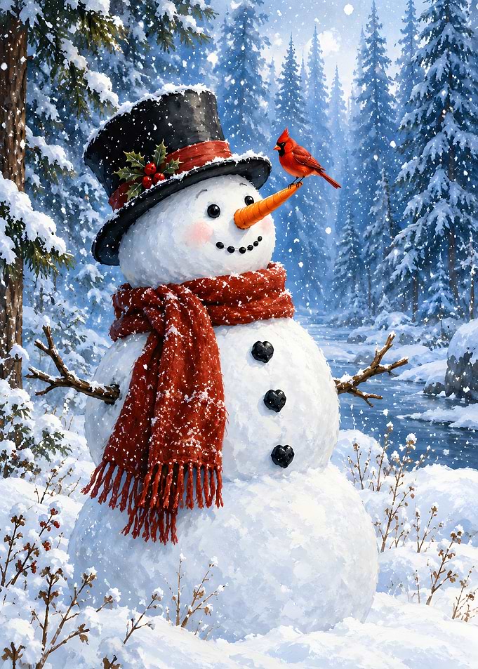 Winter Snowman and Red Cardinal – Christmas Forest