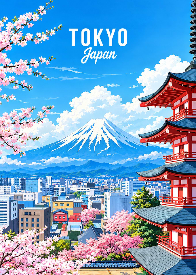 Tokyo Japan Cherry Blossom Pagoda Poster
