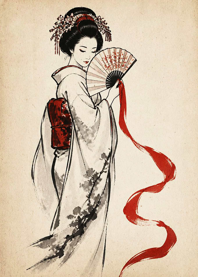 Elegant Geisha with Red Ribbon