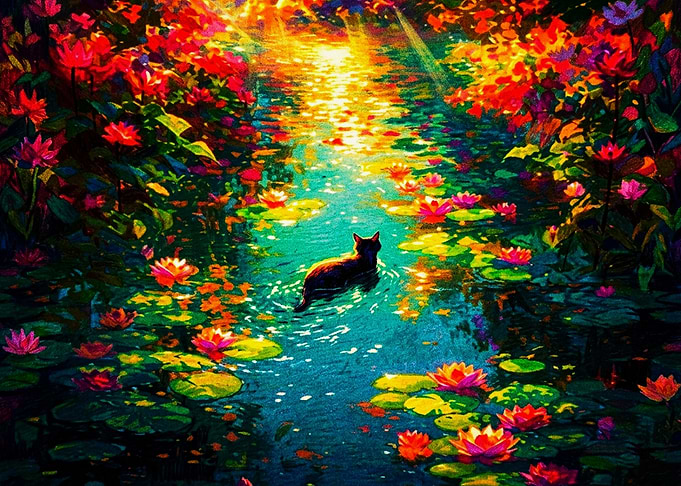 Cat Swimming in Vibrant Lotus Pond