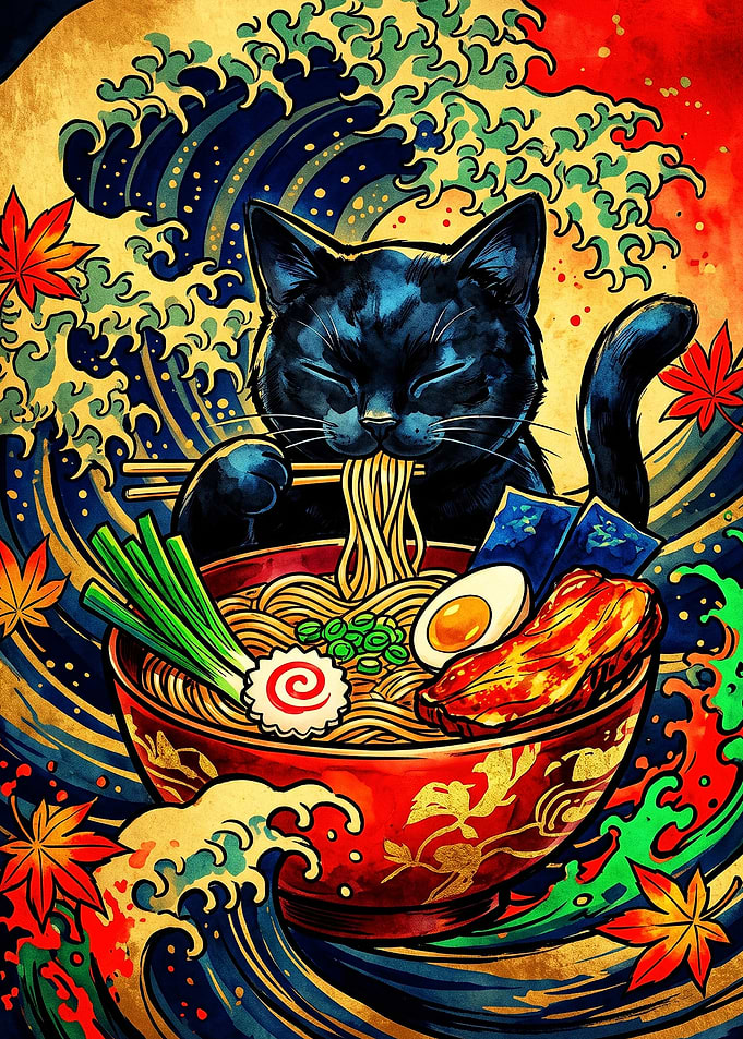 Black Cat Eating Ramen Ukiyo-e Style