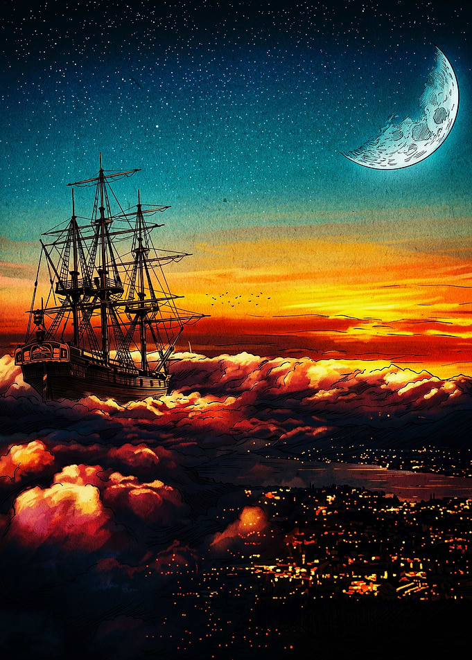 Sailing Ship Above Clouds at Sunset