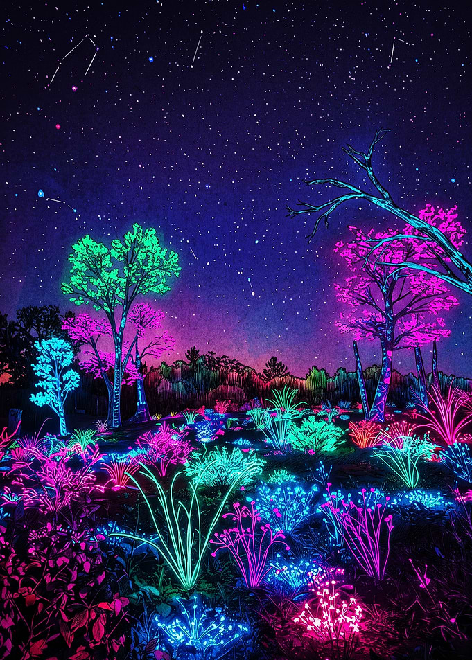 Neon Bioluminescent Forest at Night