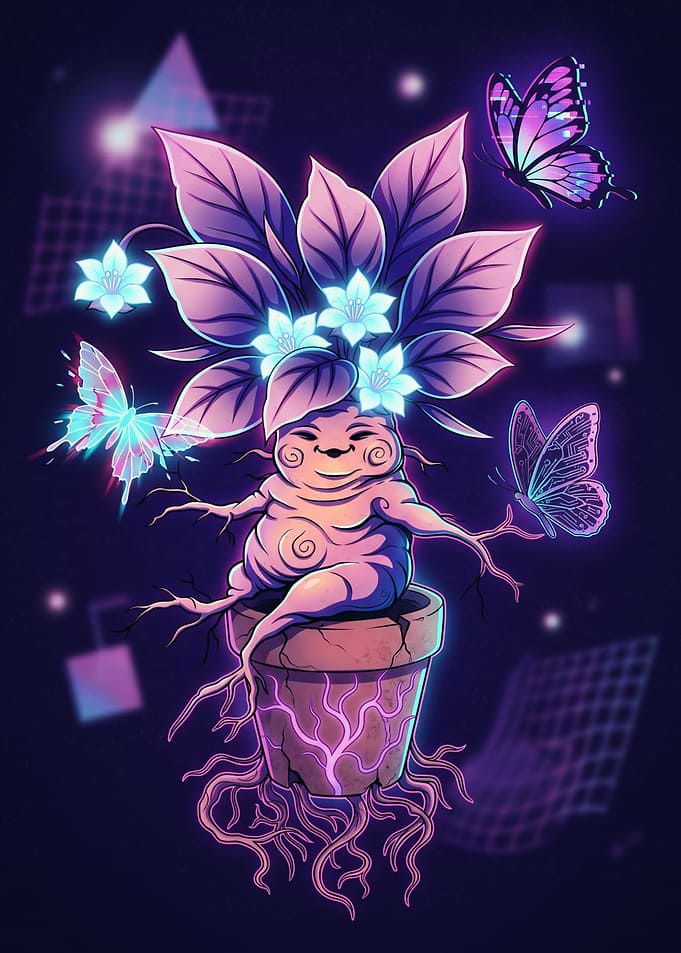 Neon Mandrake Plant with Butterflies
