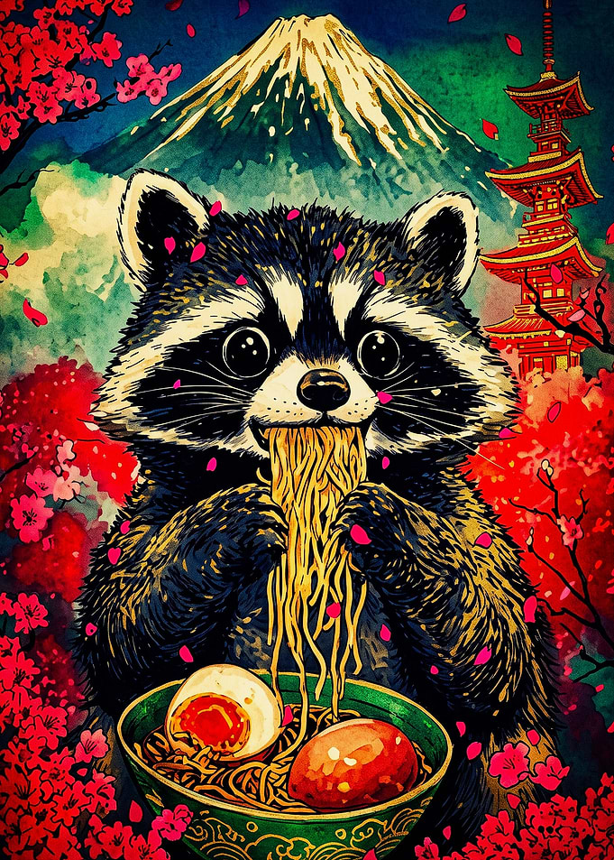 Raccoon Eating Ramen in Japan