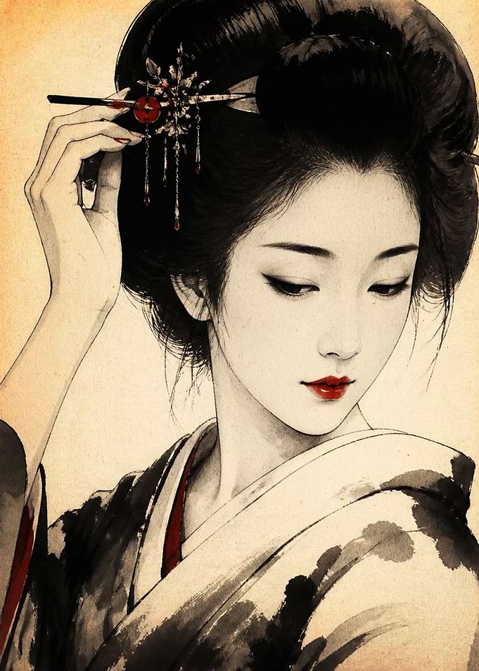 Elegant Geisha with Red Hair Ornament
