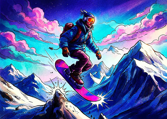 Vibrant Snowboarder Jumping Over Mountains