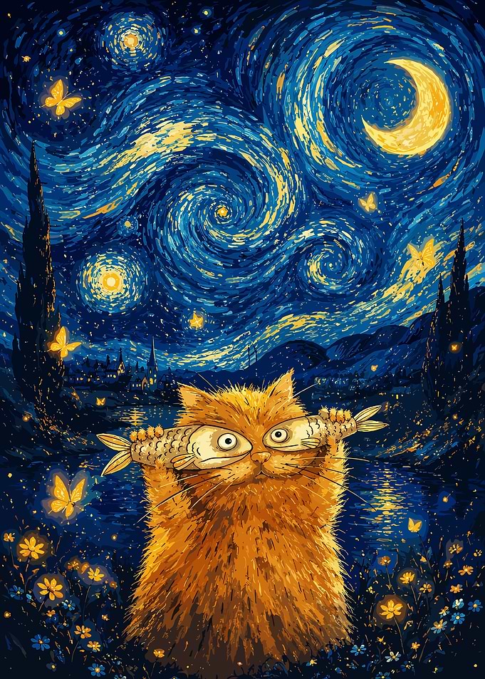 Ginger Cat Holding Fish Starry Night