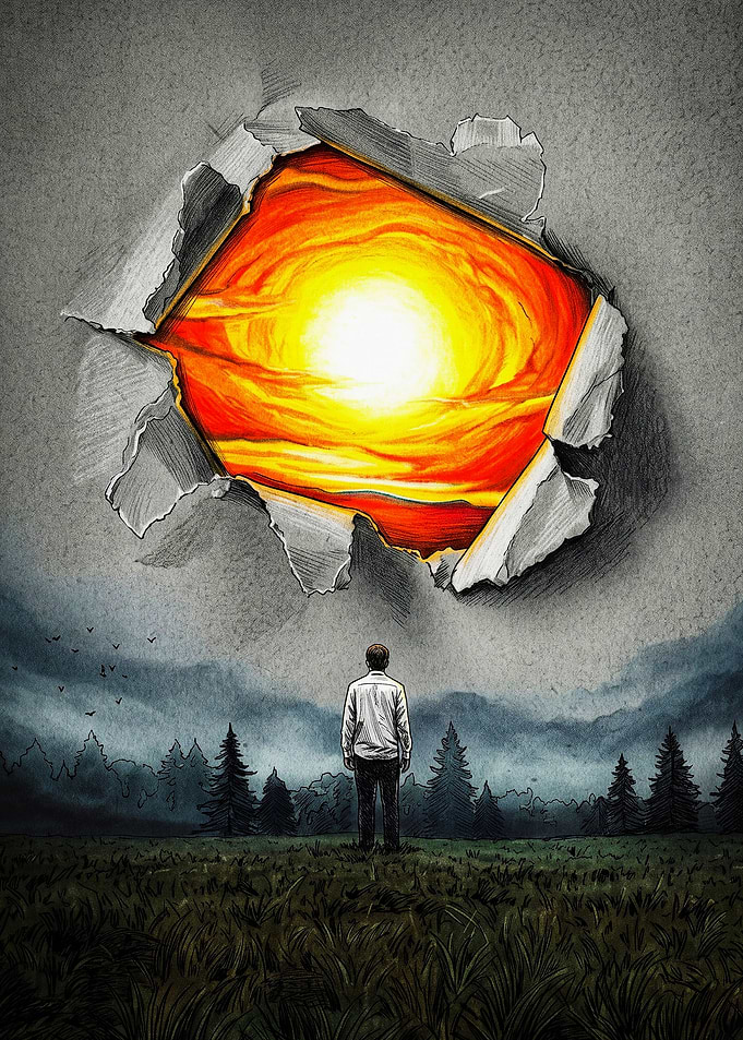 Man Looking at Ripped Sky Portal