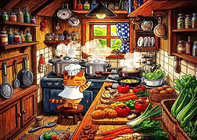 Cute Cat Chef Cooking in Kitchen