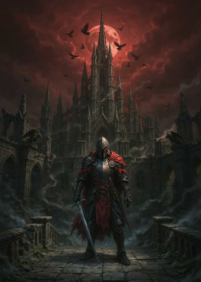 Dark Knight Before Gothic Castle