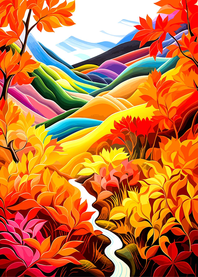 Vibrant Autumn Landscape with Winding Stream