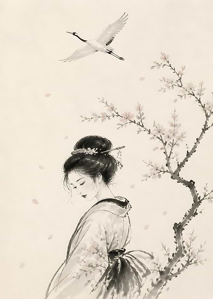Elegant Geisha with Crane and Blossoms