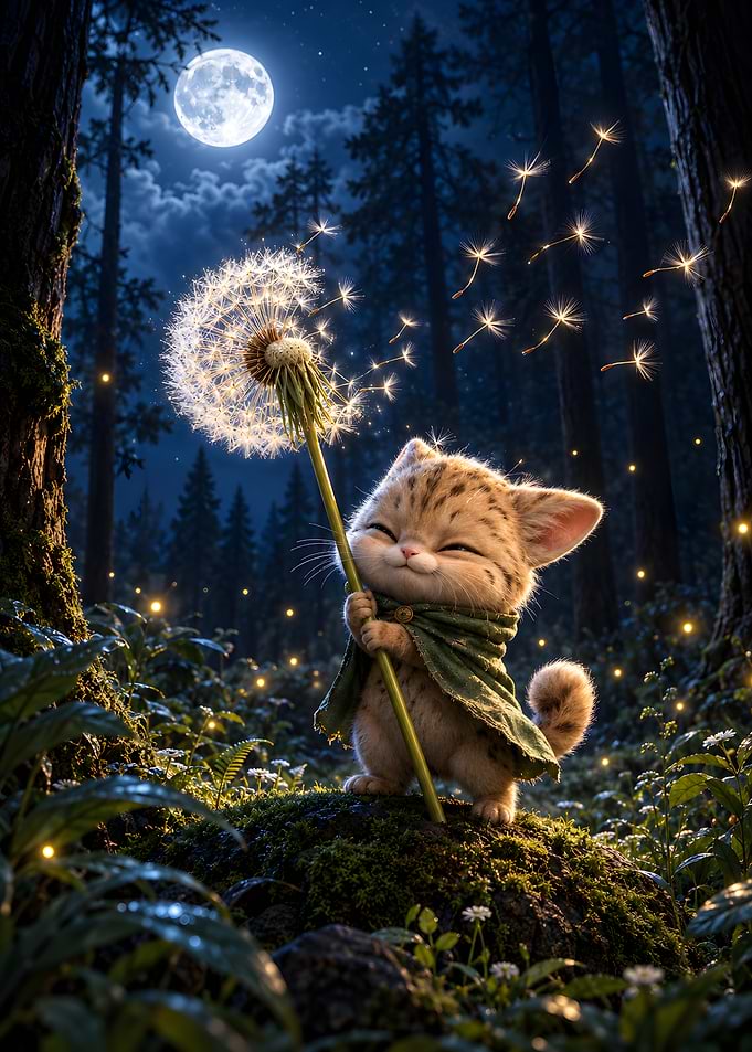 Cute Kitten Holding Glowing Dandelion