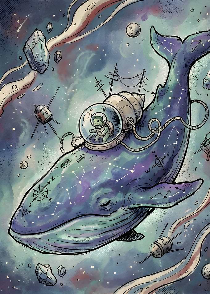 Cosmic Whale with Astronaut Turtle
