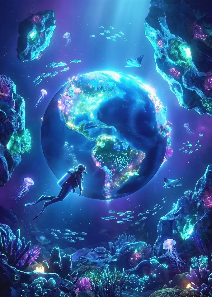 Underwater Diver Exploring Glowing Earth