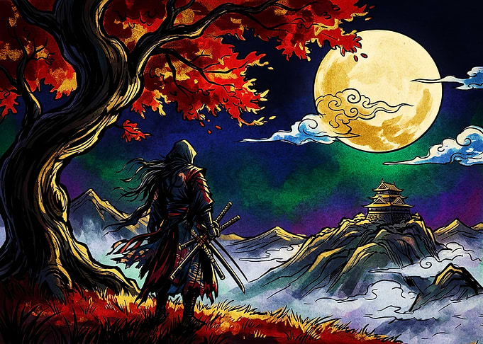 Samurai Warrior Under Full Moon