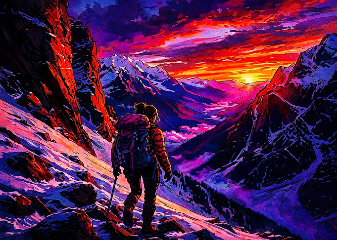 Hiker Exploring Vibrant Mountain Sunset