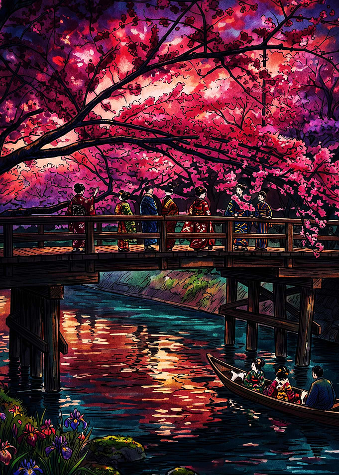 Geisha on Bridge Under Cherry Blossoms