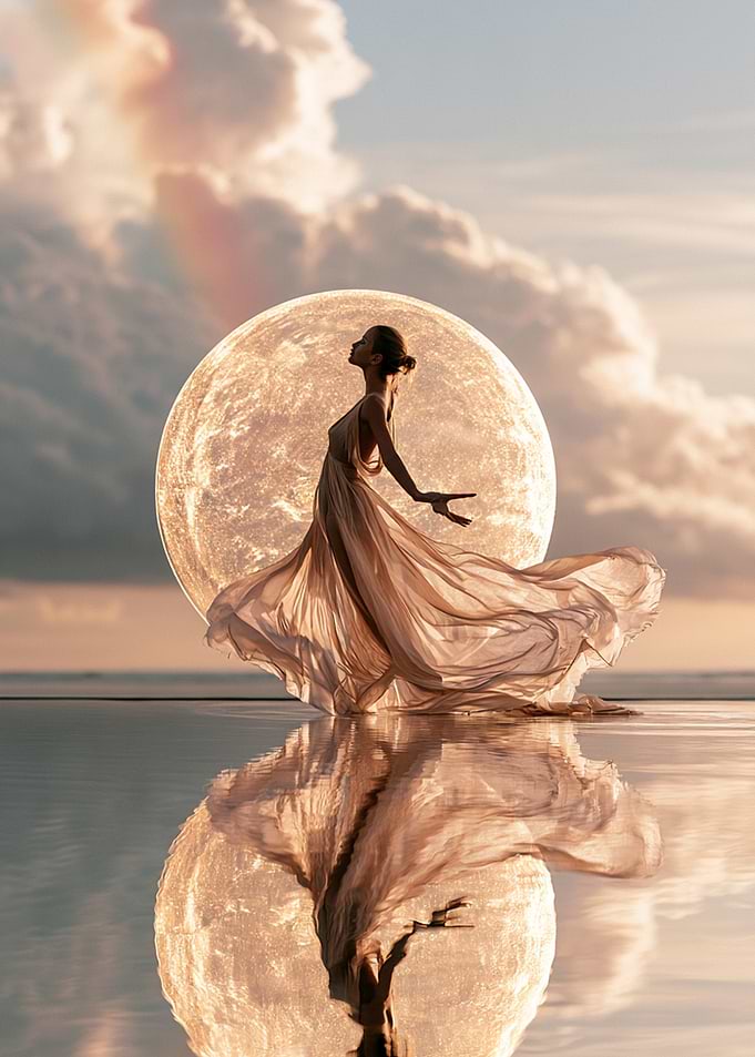 Ethereal Woman Dancing Before Giant Moon
