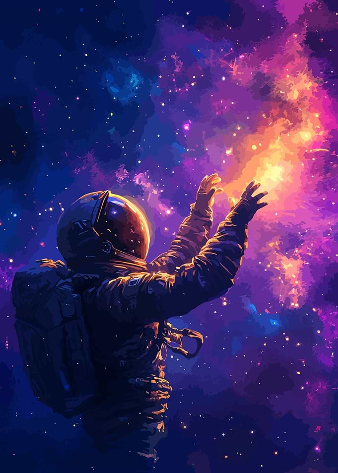 Astronaut Reaching for Cosmic Nebula