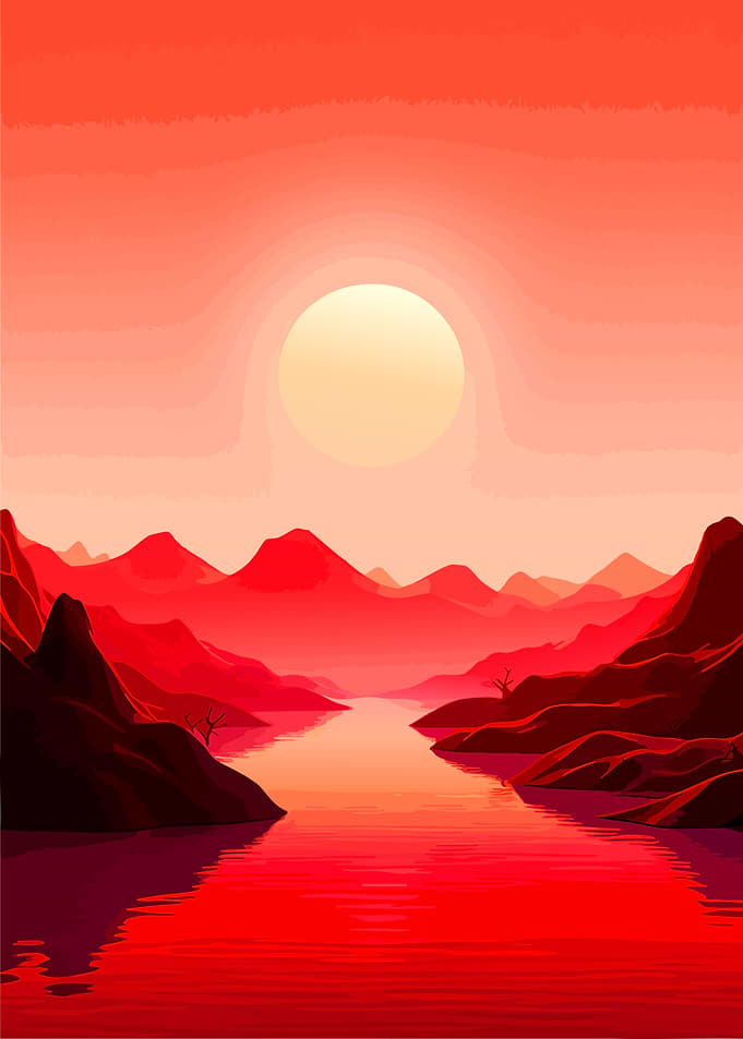 Red Sunset Over Mountain River