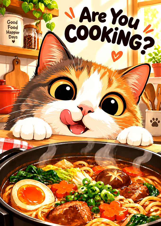 Cute Cat Watching Hot Ramen Cooking