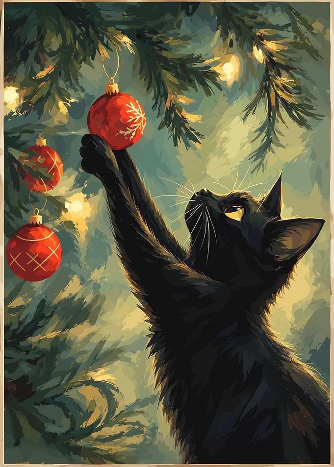 Black Cat Playing with Christmas Ornament