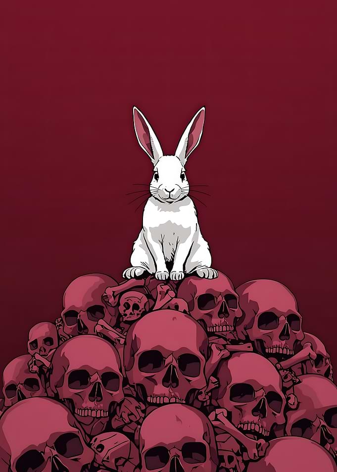 White Rabbit Sitting on Skulls
