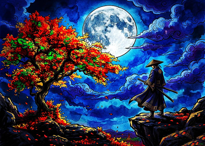 Samurai Standing Under Moonlit Tree