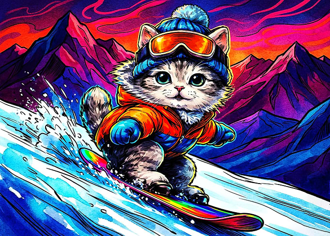 Cute Kitten Snowboarding in Mountains