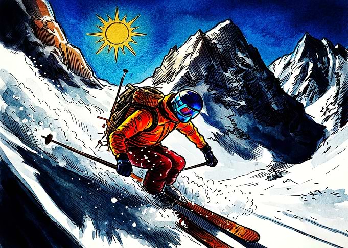 Skier carving down snowy mountain